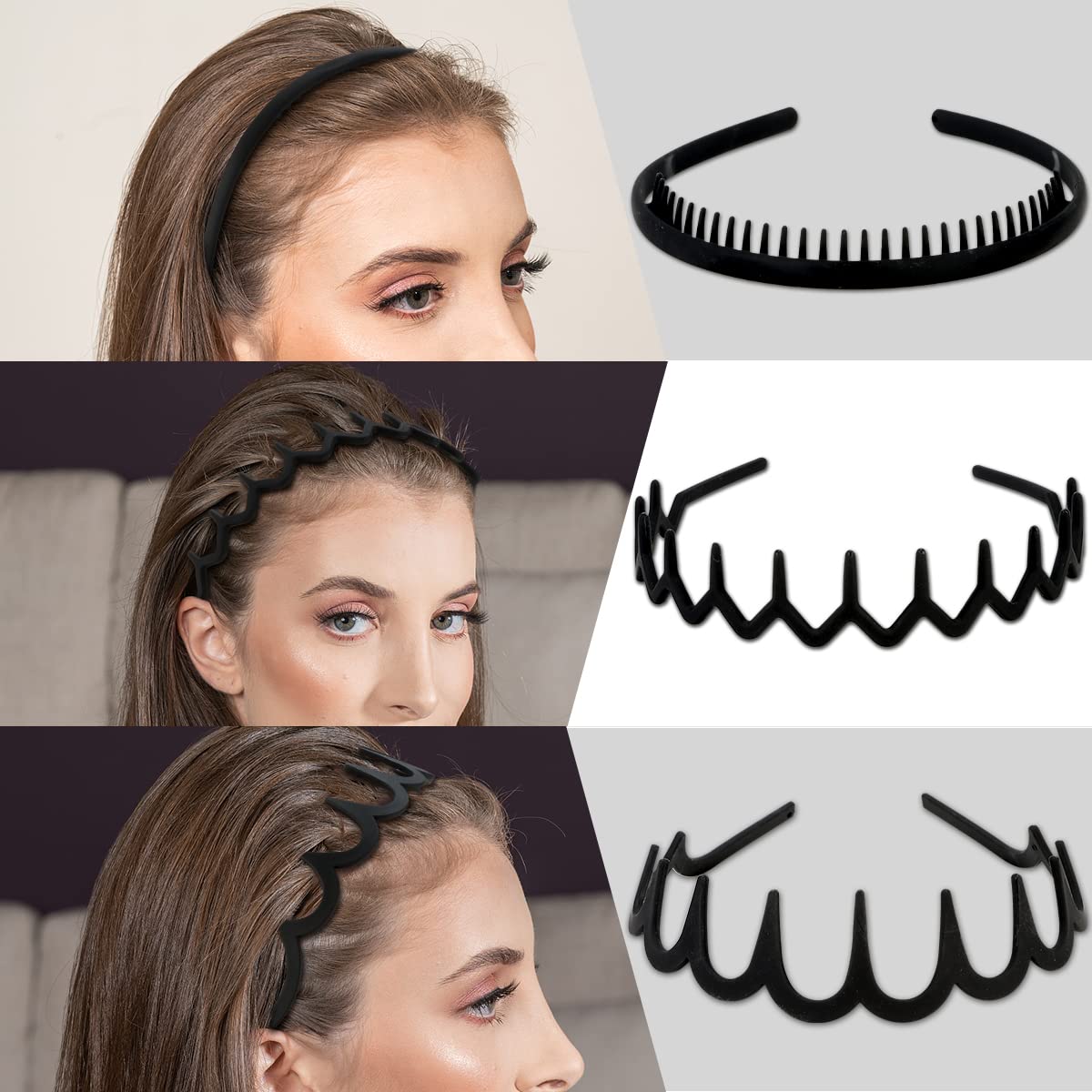 WHAVEL 6 PCS Non Slip Plastic Headbands for Women, Black Headband with Teeth Comb Head Band Wavy Zig Zag Headbands Effortless Hair Bands for Women Men Summer(A)