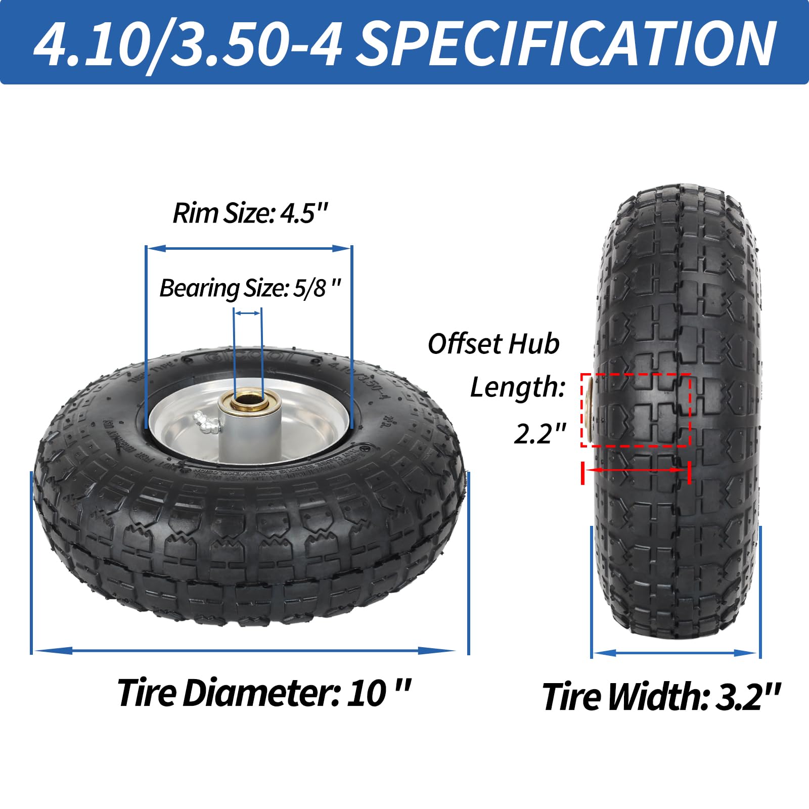 4.10/3.50-4 Pneumatic Tire, 10" Tire and Wheel, 2 Pack, with 2.2" Offset Hub, 5/8" Axle Bore Hole, Sealed Bearings, for Hand Truck Trolley Dolly Cart