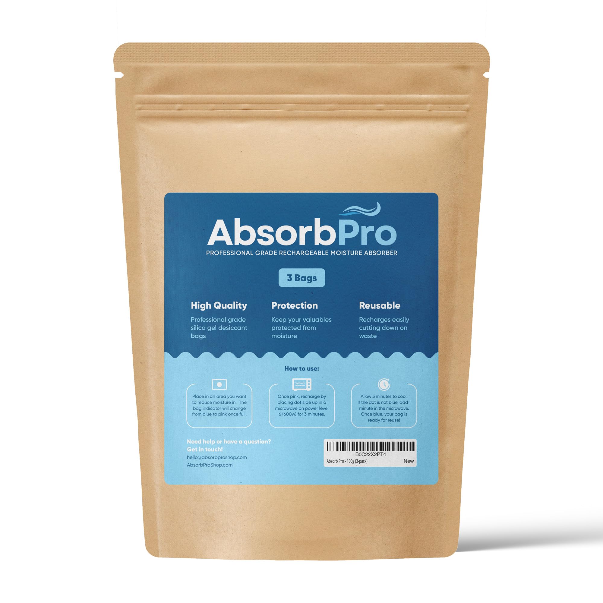 Absorb Pro Rechargeable Dehumidifier Bag 3-Pack - 100g Reusable Moisture Absorbers - Silica Gel Packets for Bins, Totes, Gun Safe, Food Storage, Clothes, Cars, and Boats