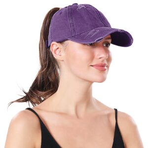 Womens Criss Cross Ponytail Baseball Cap Distressed Ponytail Hat High Messy Bun Ponycap Outdoor Sports Dad Hat Purple