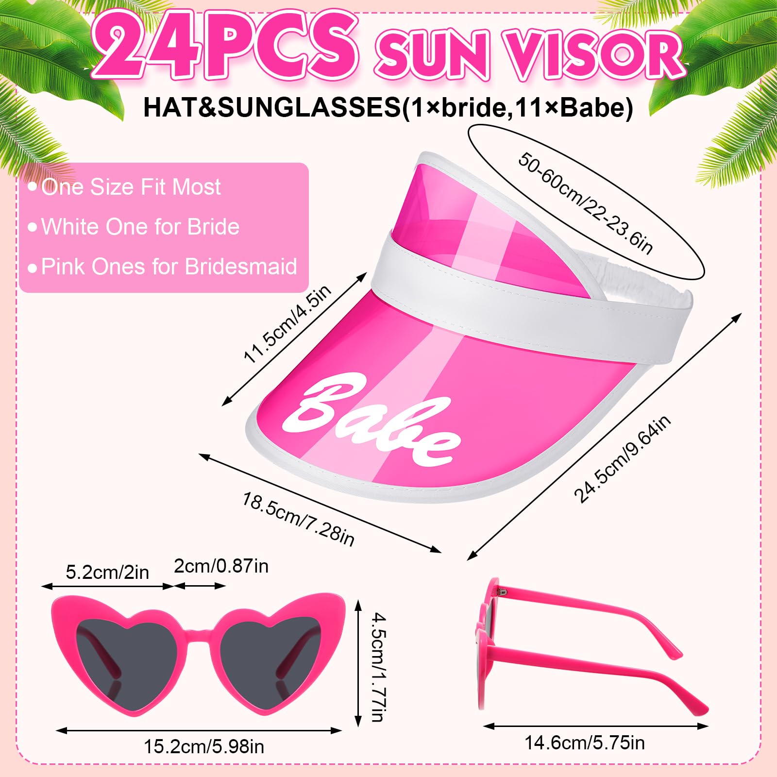 Mepase 24 Pcs Bachelorette Visors and Bride Heart Shaped Sunglasses Set Bride Sun Hats for Women Wedding(White, Rose)