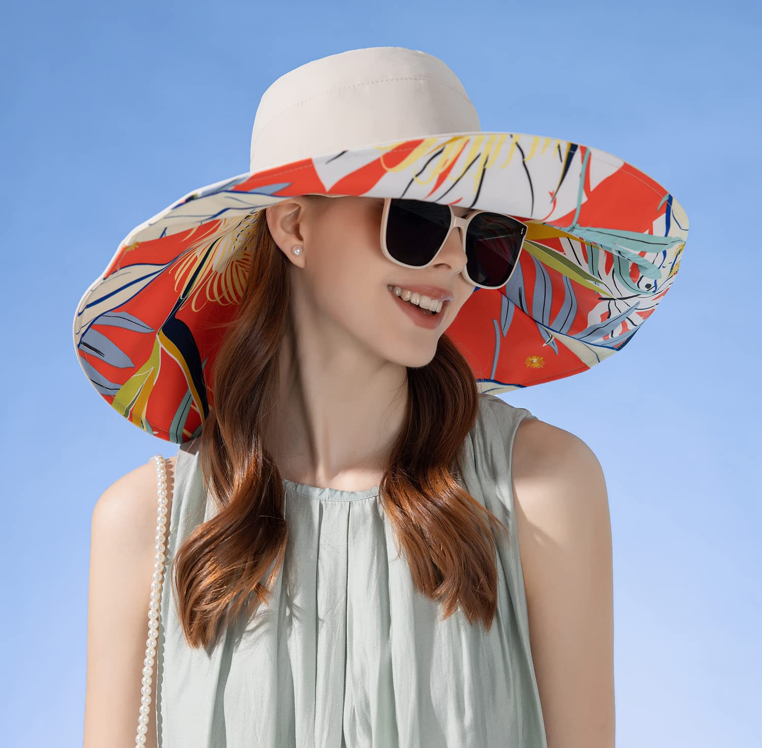 HUAMULAN Women Wide Brim Summer Sun Hat Wired Edge Floral Beach Fishing Bucket Hats Reversible Foldable Travel UV Protection