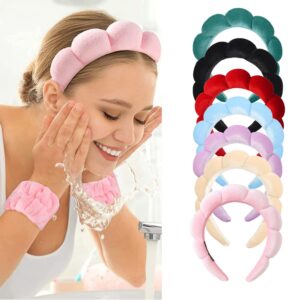 Luckybear Spa Headband for Washing Face, Velvet Makeup Headband, Bubble Skincare Headbands with Face Wash Wristbands, Sponge Puff Headband for Women Skin Care - Green