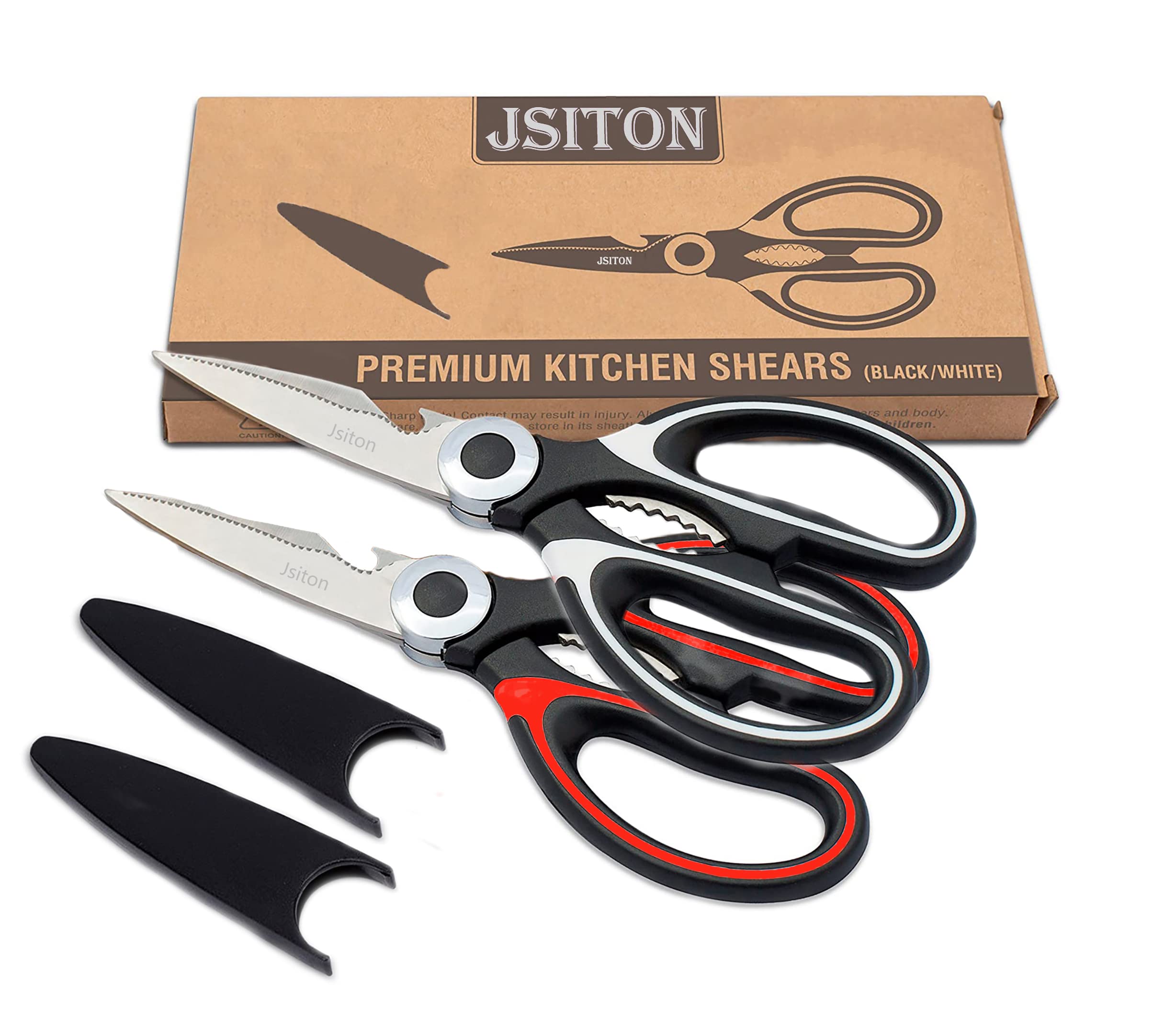 JSITON Ultra Sharp Premium Heavy Duty Kitchen Shears and Multi Purpose Scissors (Pack of 2,Black White & Black Red)