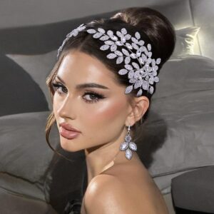 ULAPAN Wedding Hair Bands for brides Bridal Headpieces Hair Accessories Rhinestones Silver Bride and Women (Silver headbang and earrings)