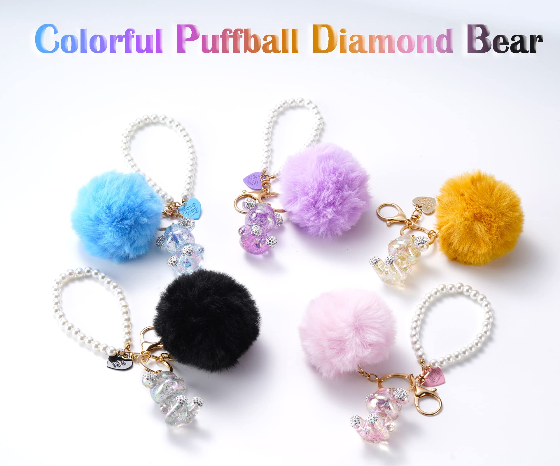 YOU WIZV Teddy Bear Keychain, Cute Bling Keychains for Women and Puff Ball key chains for Car Keys, Backpack, Purse Accessories, Aesthetic Black Pom Pom Keychain