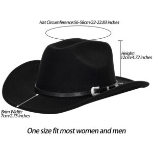 Western Cowboy Hat for Men Women - Classic Felt Wide Brim Fedora Hat with Belt Buckle Black