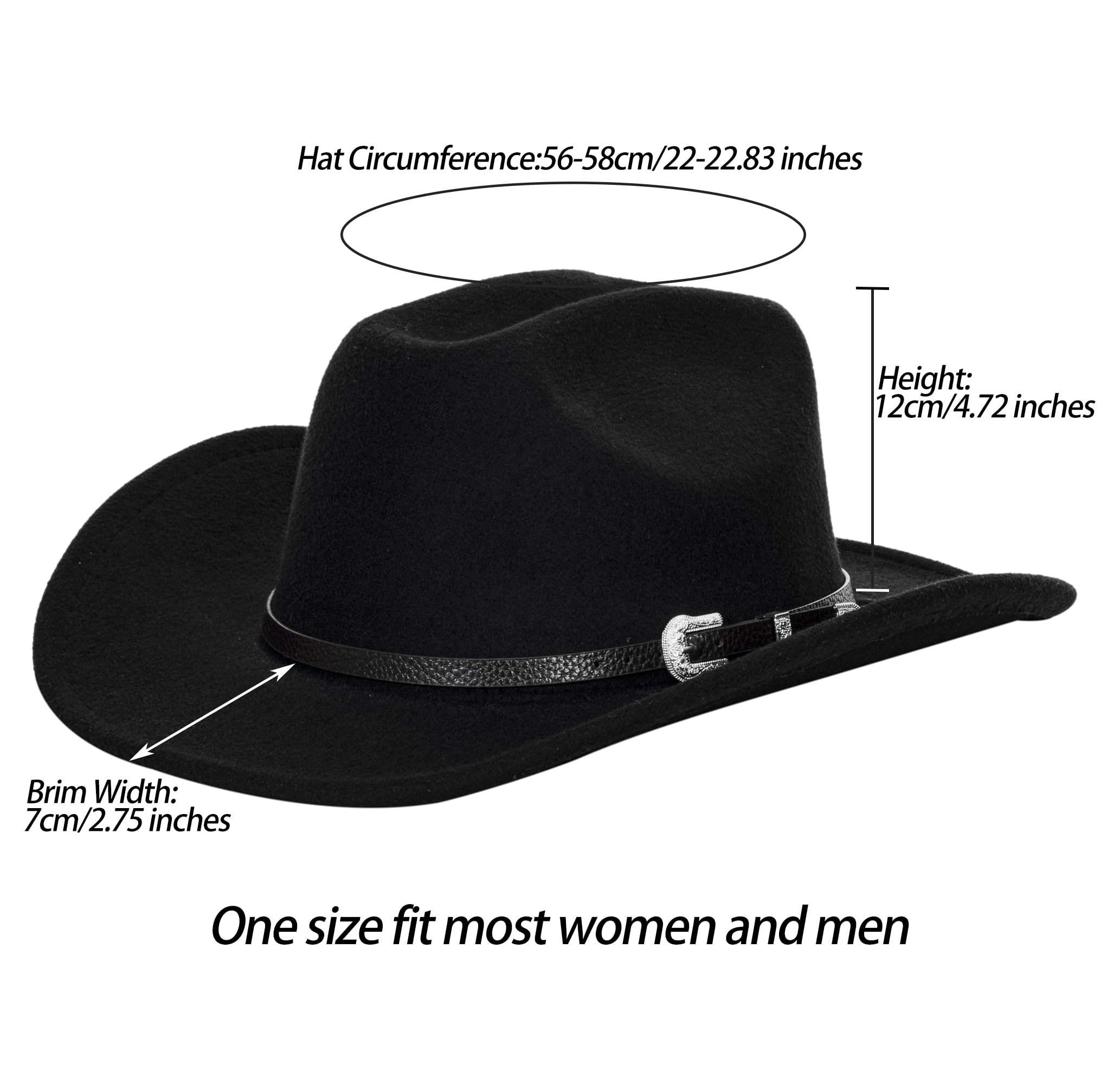 Western Cowboy Hat for Men Women - Classic Felt Wide Brim Fedora Hat with Belt Buckle Black