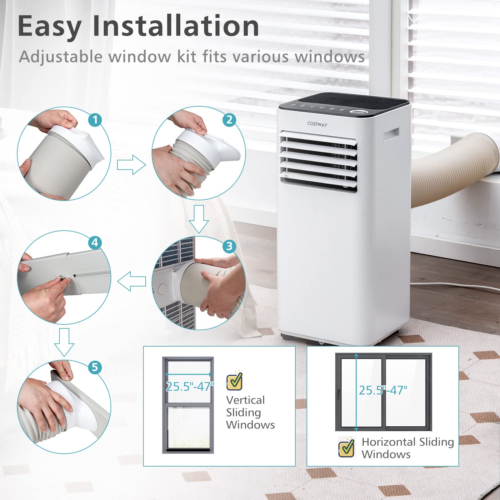 COSTWAY 10000 BTU Portable Air Conditioner, with Fan & Dehumidifier Mode, Quiet AC Unit with Sleep Mode, 2 Speeds, 24H Timer, LED Display, Remote Control, Cool Rooms up to 350 Sq.Ft for Bedroom, Dorms