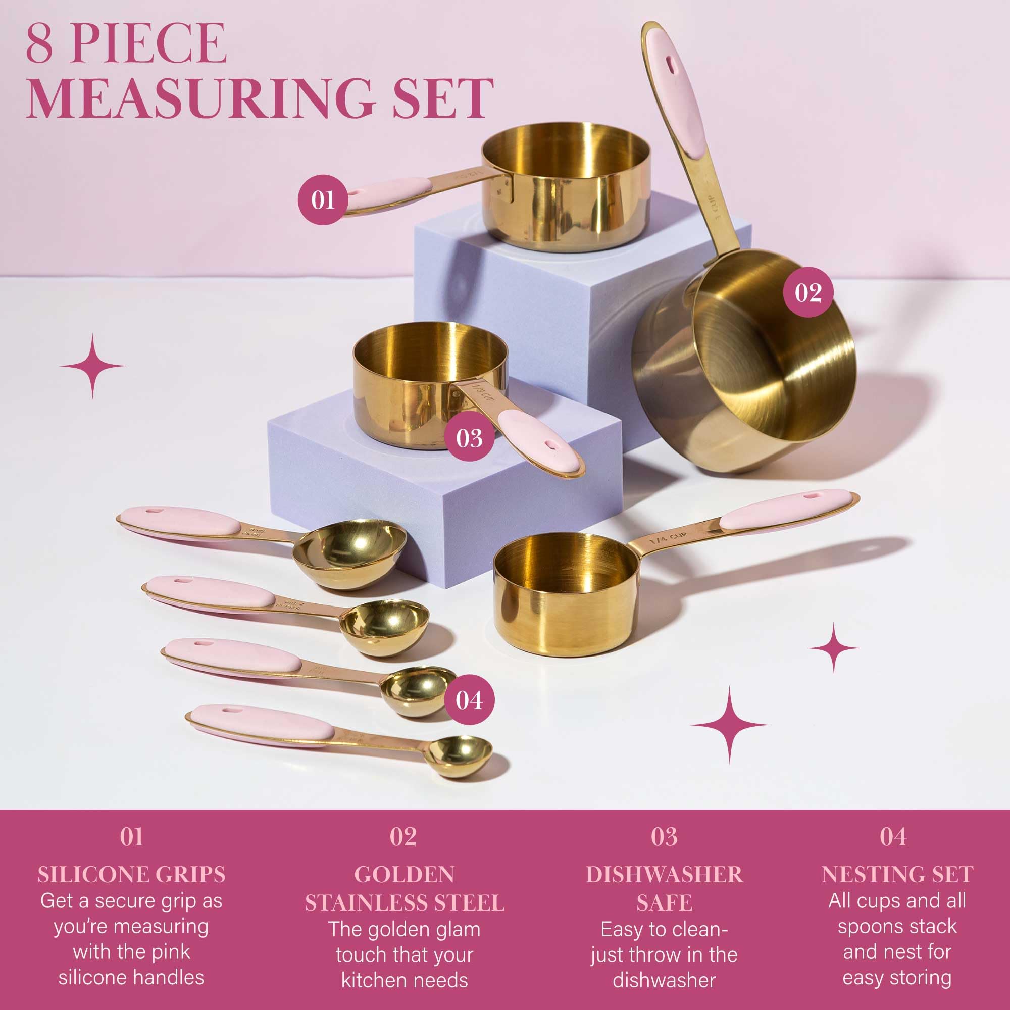 Paris Hilton Measuring Cups and Spoons Set, Stainless Steel with Pink Silicone Inset Handle, Dishwasher Safe, For Dry and Liquid Ingredients, 8-Piece Set, Gold and Pink