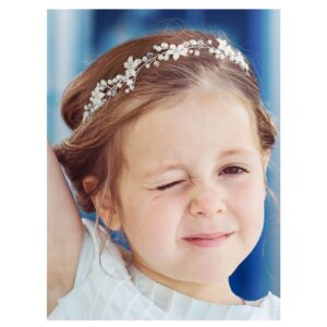 sweetv hairband, flower girl headpiece with flowers and pearls, wedding headband for girls, first communion headpiece for girls, princess pearl hair accessories for birthday party