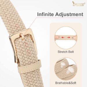 JASGOOD Women Braided Woven Elastic Stretch Belt Men Web Casual Belt for Pants Jeans(Beige,Gold Buckle,Fit Pant Size 26-31inch)