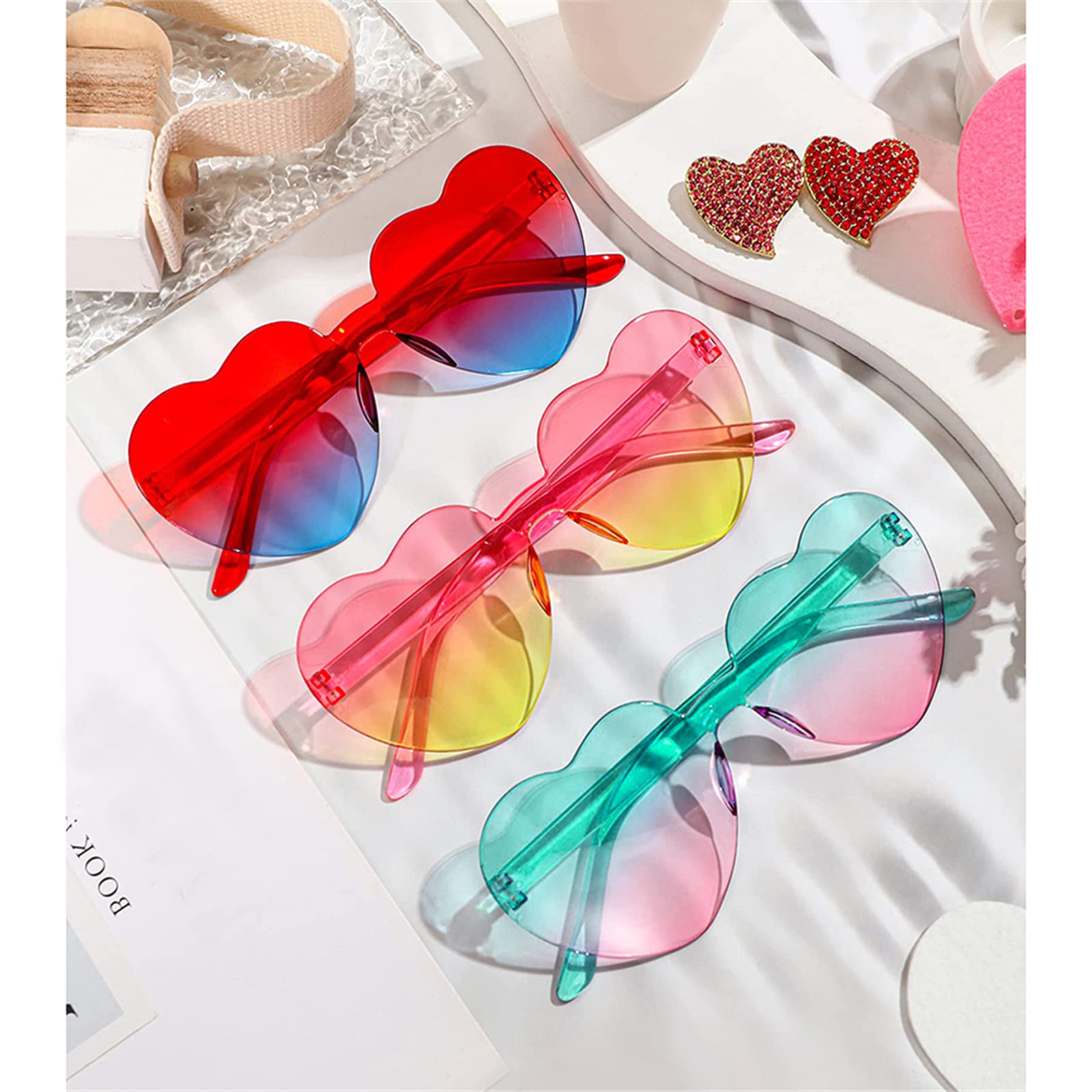 LIULIUBTY Heart Shaped Rimless Sunglasses, Bachelorette Party Cool Sunglasses 12 Pack, Colorful Plastic Funky Sunglasses Party Favors (Gradient colors)