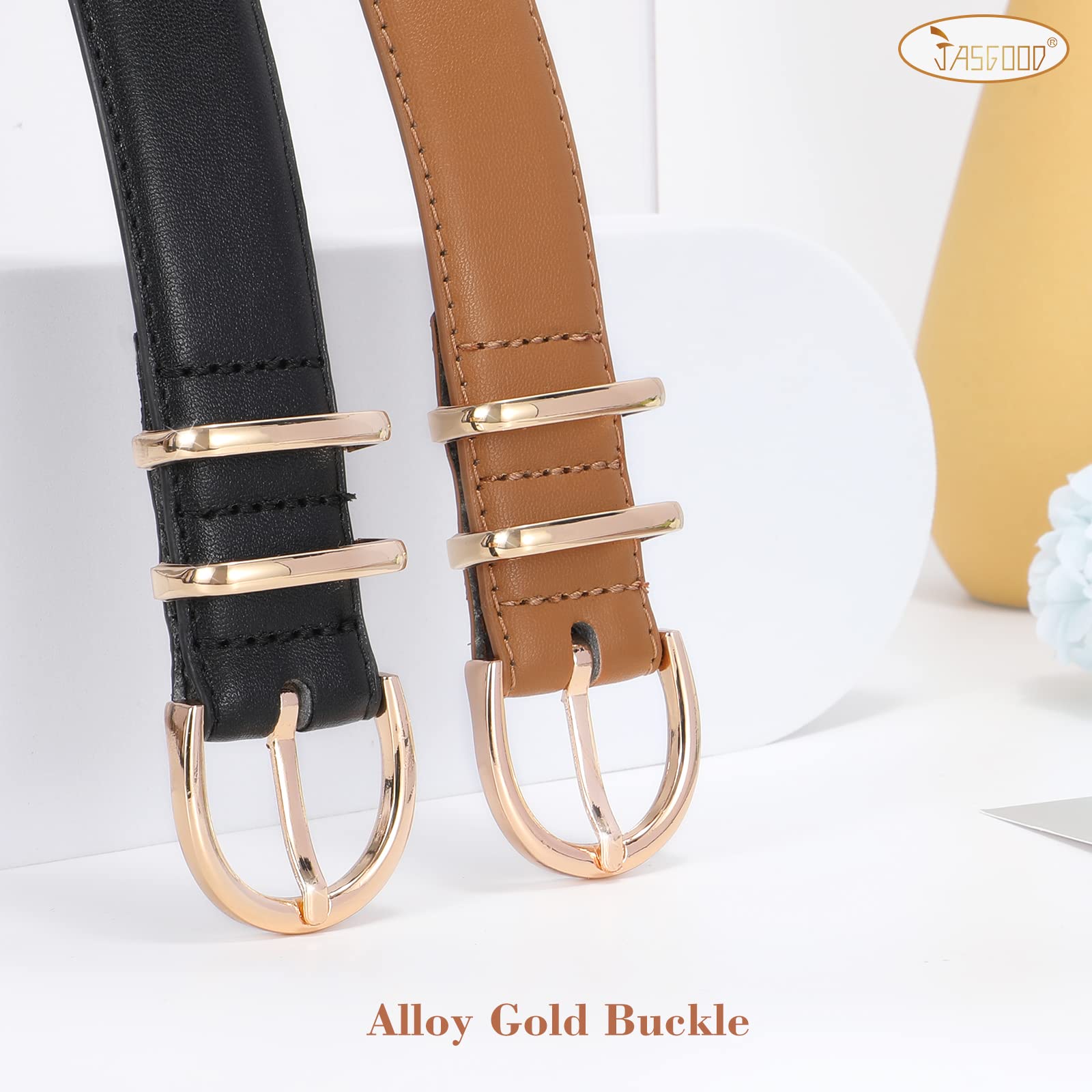 JASGOOD 2 Pack Women Leather Belt for Jeans Fashion Ladies Belts for Pants Dresses With Gold Buckle