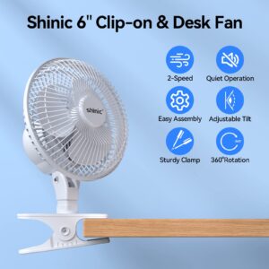 shinic 2 Pack 6-inch Clip on Fan with Strong Clamp,Powerful Airflow,Adjustable Tilt,Quiet Cooling Desk Fan with 6 ft Cord for Home,Office,Car,Stroller,Garage,Greenhouse,Gyms and Workshops,White