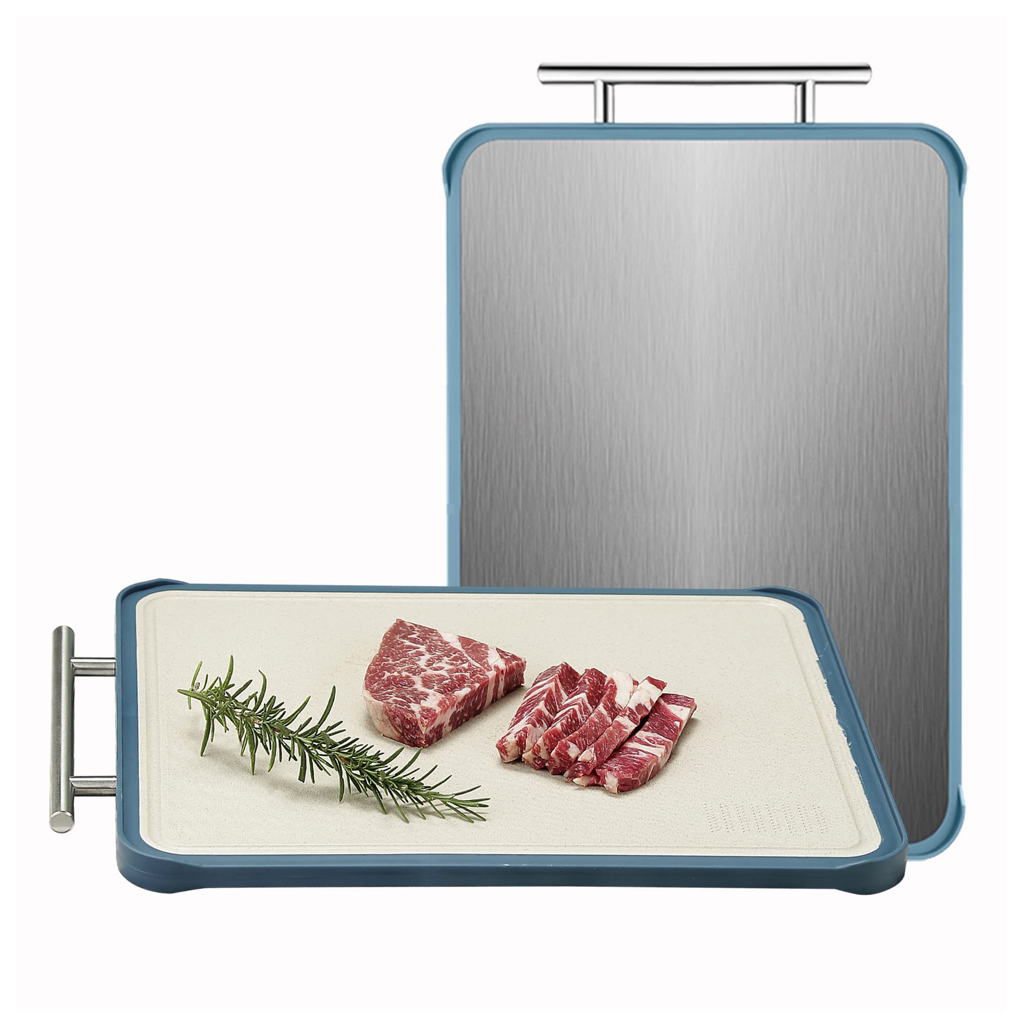 Double-Sided Meat Cutting Board,Stainless Steel/Wheat straw pp Cutting Board for meat,Dishwasher Safe,Juice Groove,16.1 * 12.2Inch