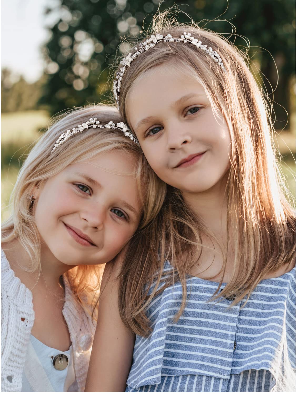 SWEETV Hairband, Flower Girl Headpiece with Flowers and Pearls, Wedding Headband for Girls, First Communion Headpiece for Girls, Princess Pearl Hair Accessories for Birthday Party