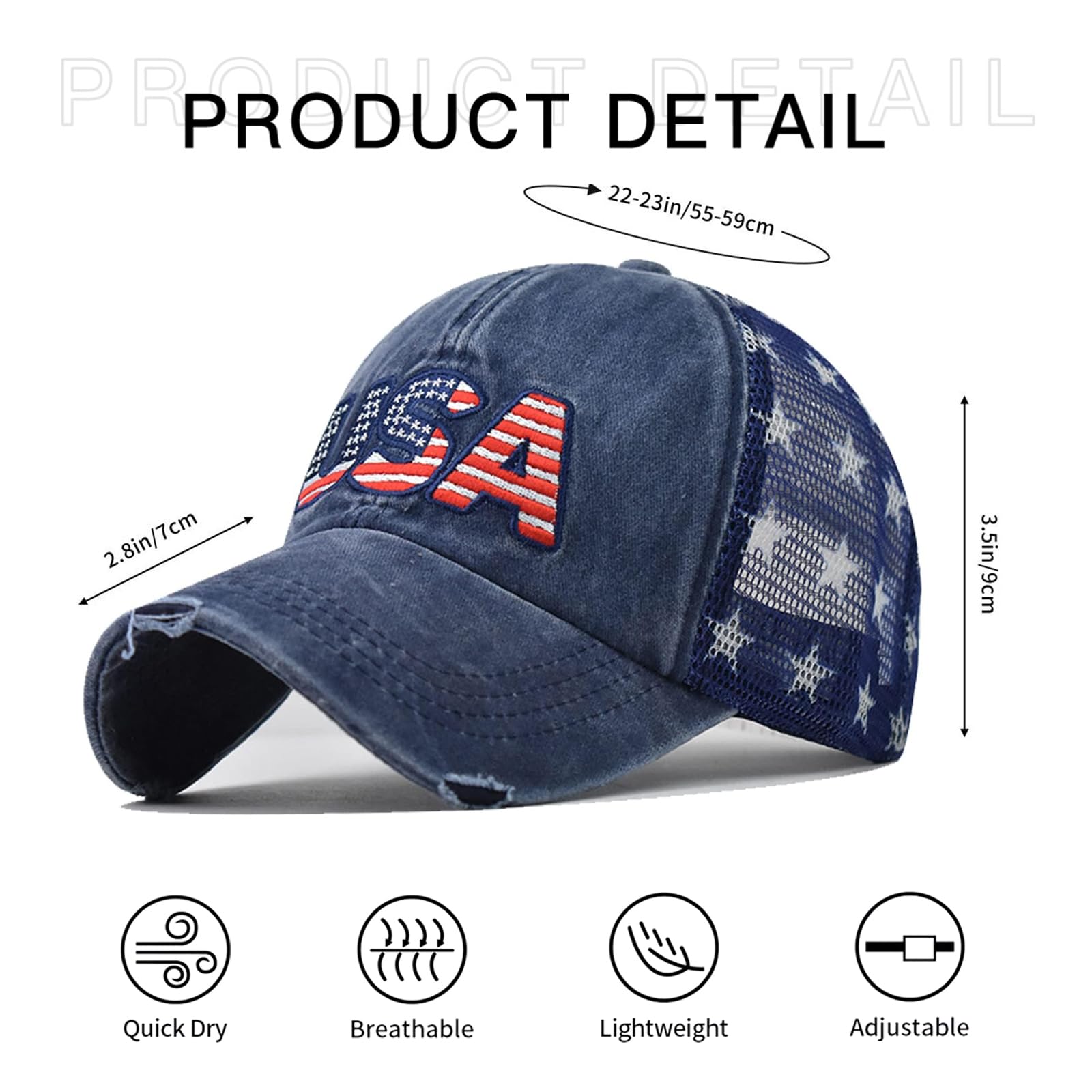 American Flag Baseball Cap for Men Women 4th of July Adjustable Embroidery Washed Distressed Cotton USA Trucker Dad Hat