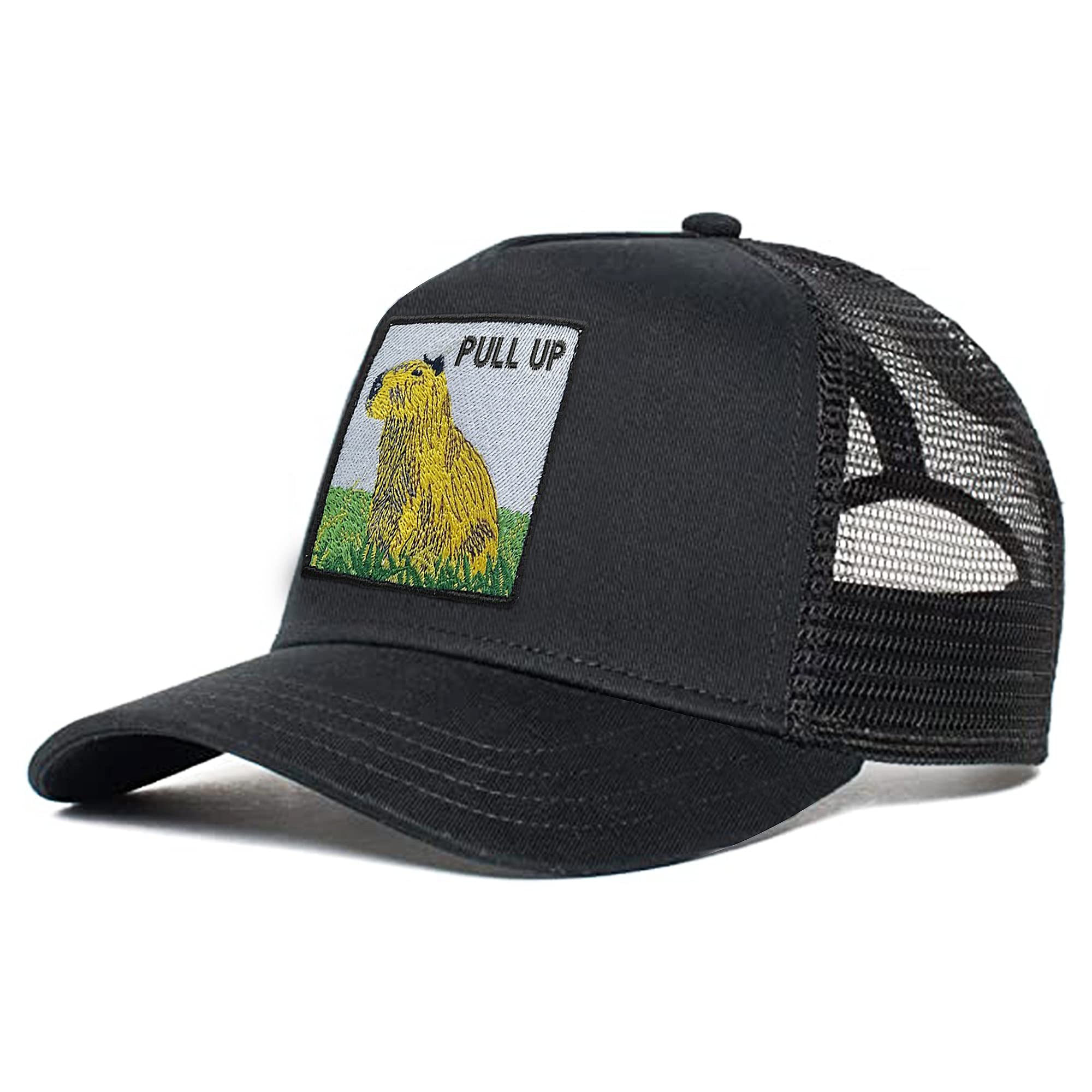 Z Zelvox, Adjustable Snapback Mesh Trucker Hat, Capybara Black Cap, Mesh Baseball Cap, Capybara Embroidered Trucker Hat, Unisex (Pull Up)