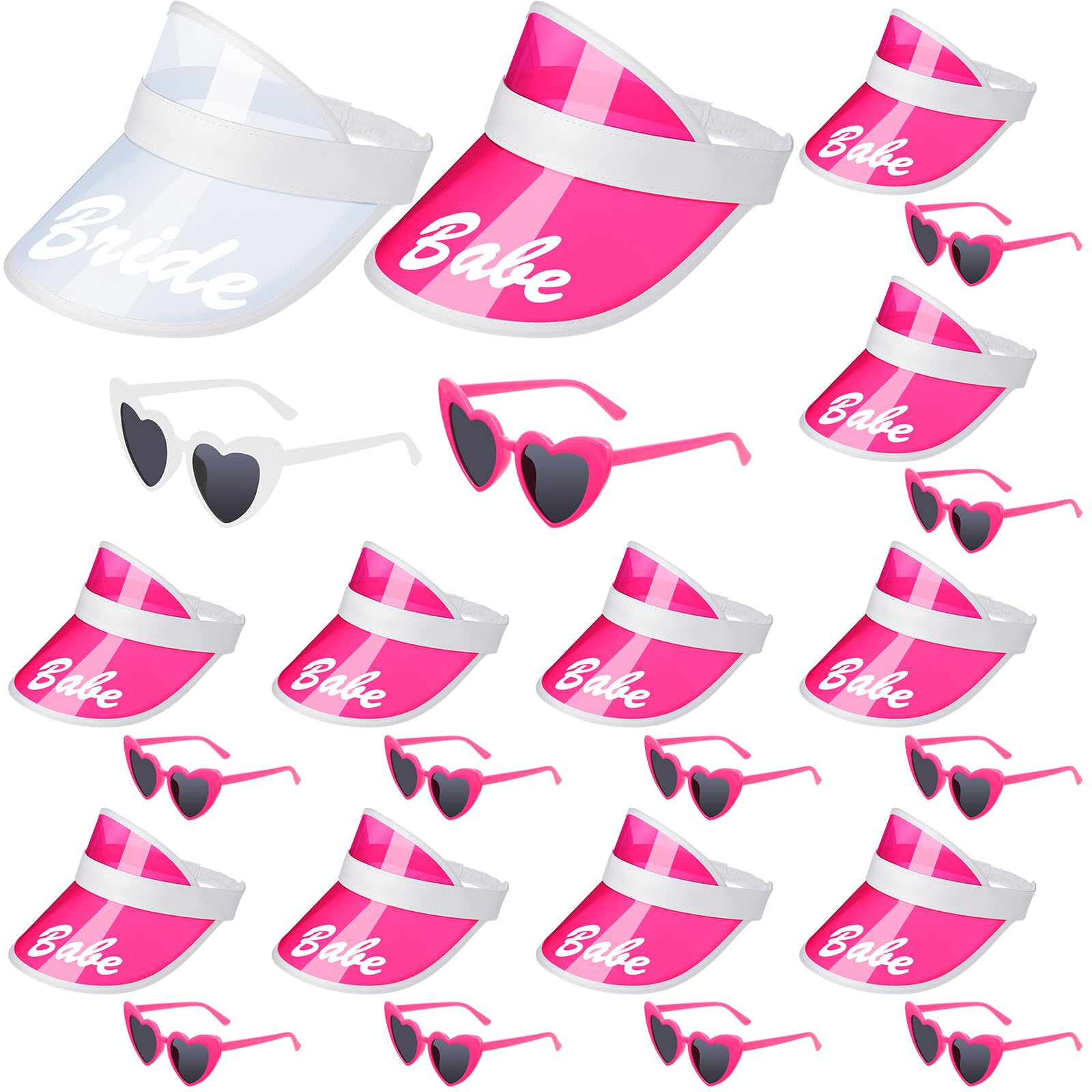 Mepase 24 Pcs Bachelorette Visors and Bride Heart Shaped Sunglasses Set Bride Sun Hats for Women Wedding(White, Rose)