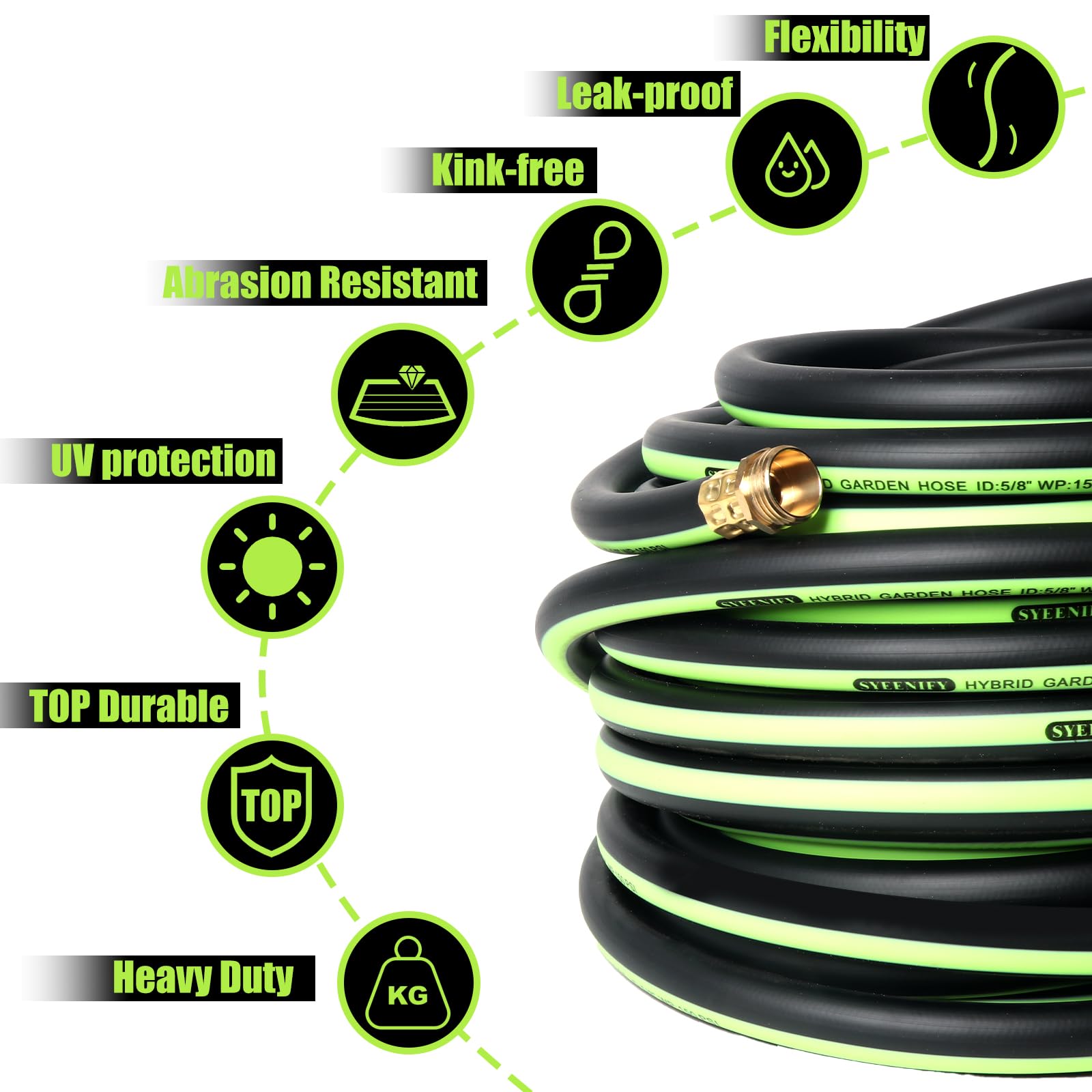 SYEENIFY Kink Free Garden Hose 10ft 5/8", Heavy Duty Hybrid Water Hose, Ultra Durable Flexible Rubber Hose with Sprayer Nozzle,Leakproof Yard Outdoor Hose with Brass Solid Connector