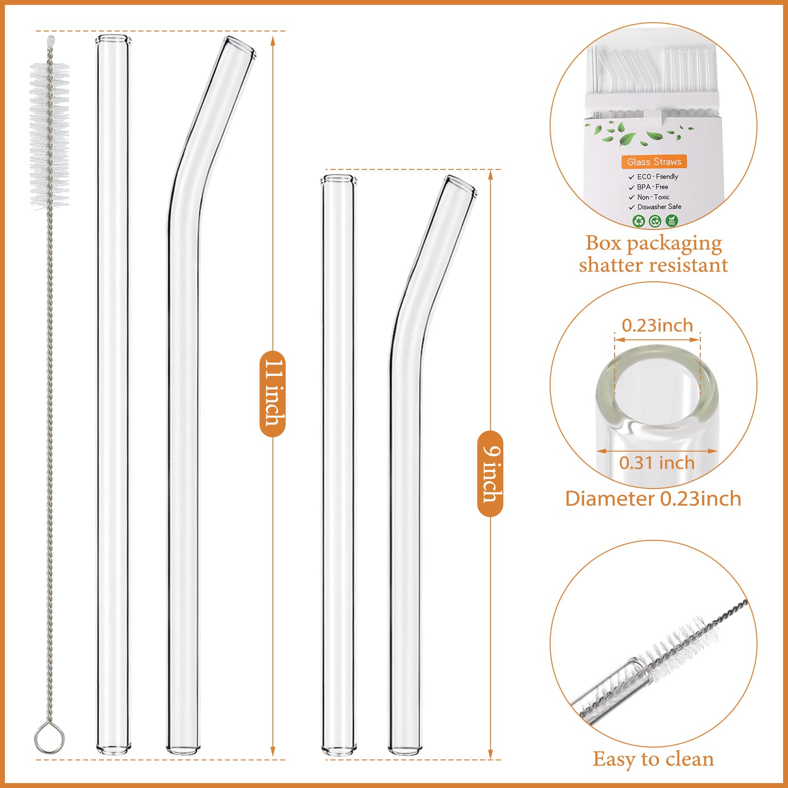 [12 Pcs] Reusable Glass Straws Shatter Resistant - 11" x 8mm and 9" x 8mm Each Including 3 Straight and 3 Bent with 2 Cleaning Brush Perfect for 30 oz and 20 oz Tumblers Juice Coffee Cocktail Tea