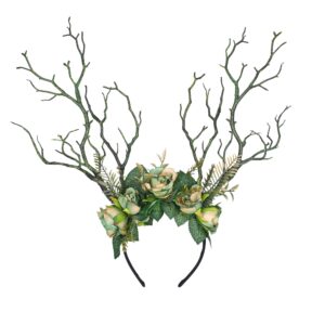 mostory handmade green branch crown woodland flower headband forest antler headpiece floral fairy hairband for women girls renfaire elf cosplay halloween party