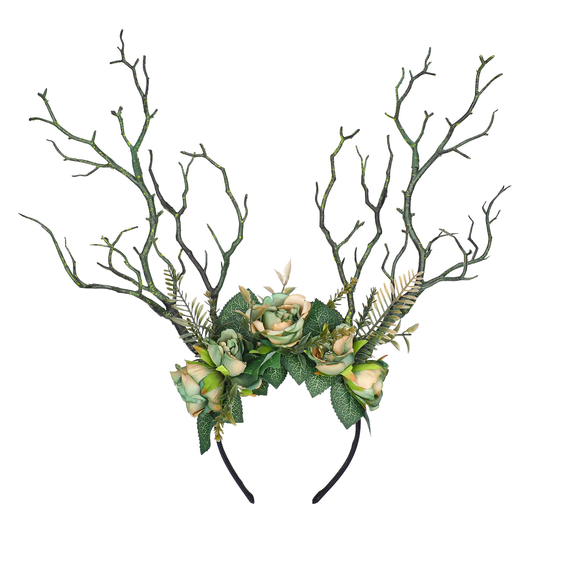 MOSTORY Handmade Green Branch Crown Woodland Flower Headband Forest Antler Headpiece Floral Fairy Hairband for Women Girls Renfaire Elf Cosplay Halloween Party