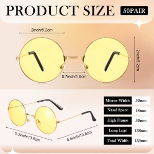 Kanayu 50pairs Round Hippie Sunglasses Packs Circle Colored Lens Sunglasses Retro 60s 70s Style Glasses Eyewear for Women Men (Bright Colors)