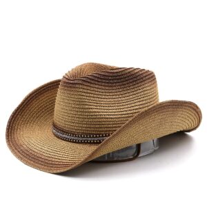 Mens Straw Cowgirl Cowboy Hat Women Floppy Packable Wide Brim Sun Hat UPF50 Western Panama Travel Beach Cap Fedora Bucket Hat Khaki