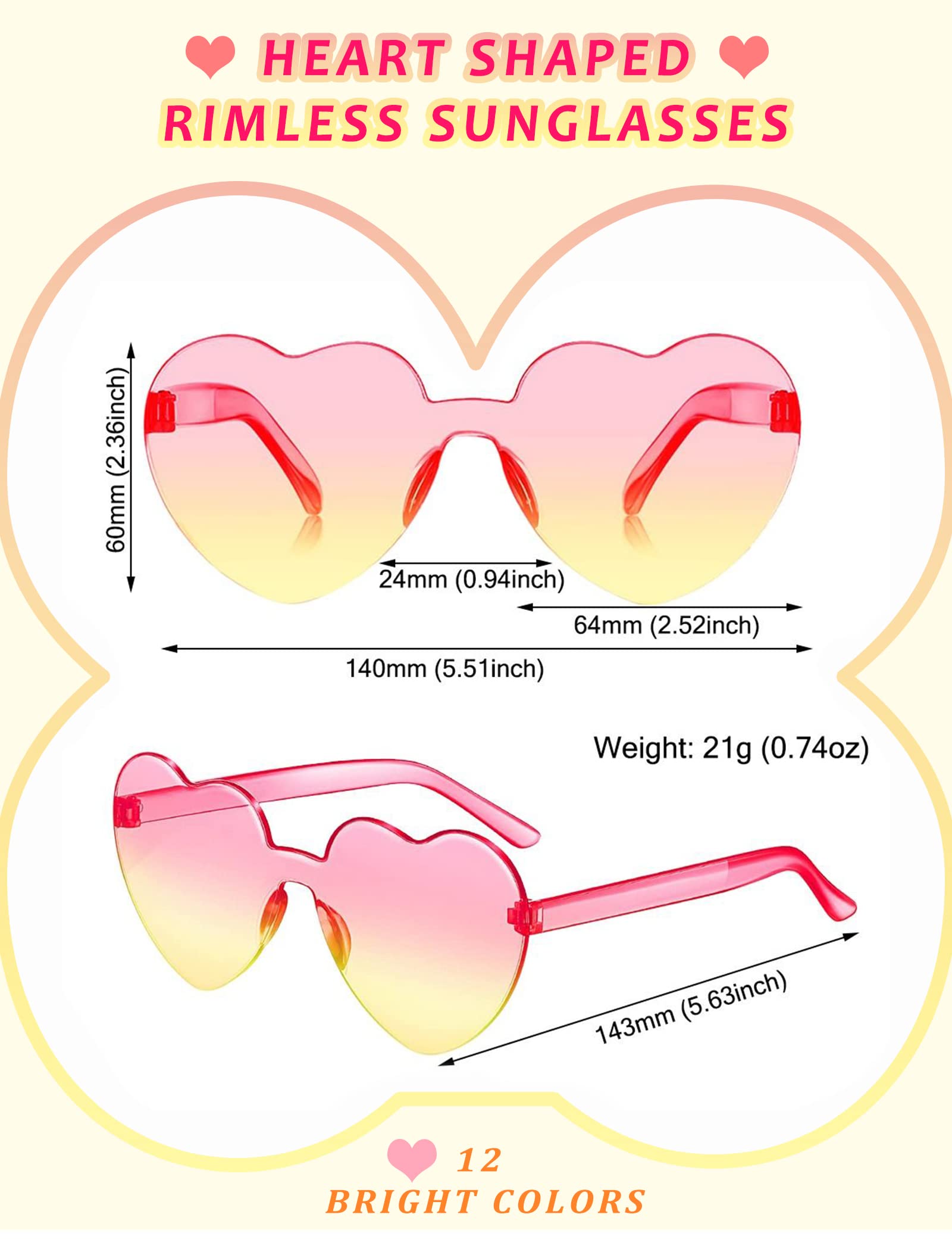 LIULIUBTY Heart Shaped Rimless Sunglasses, Bachelorette Party Cool Sunglasses 12 Pack, Colorful Plastic Funky Sunglasses Party Favors (Gradient colors)