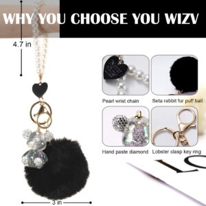 YOU WIZV Teddy Bear Keychain, Cute Bling Keychains for Women and Puff Ball key chains for Car Keys, Backpack, Purse Accessories, Aesthetic Black Pom Pom Keychain