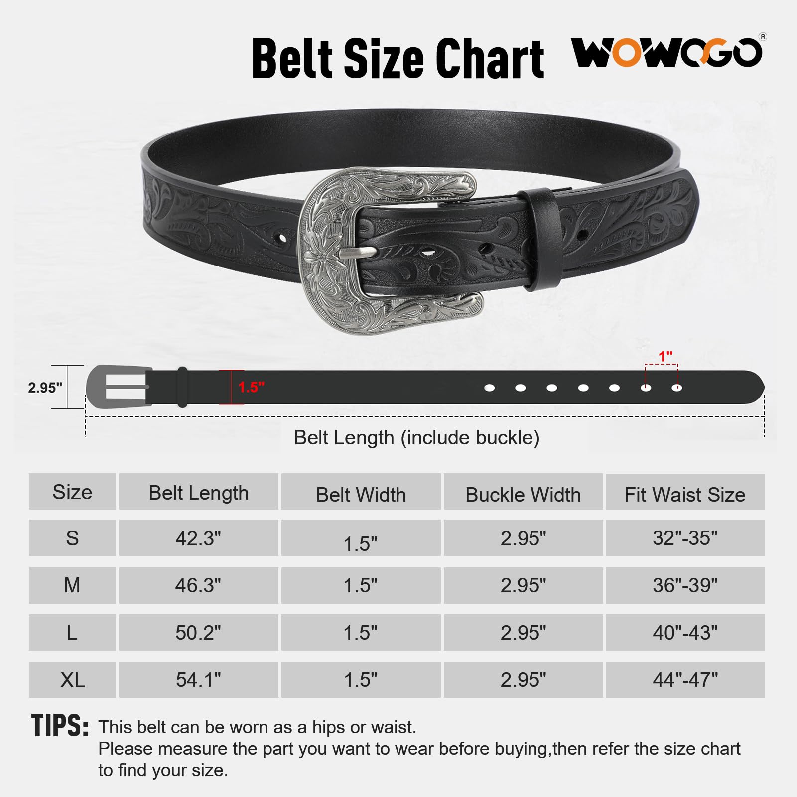 WOWOGO Western Belts for Women Men Cowboy Cowgirl Floral Engraved Leather Belt Strap Vintage Embossed Buckle