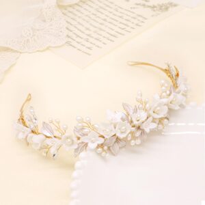 Oriamour Gold Bridal Headbands Wedding Headpieces With Ceramic Flowers Wide Pearl Wedding Hair Accessories For Women And Girls