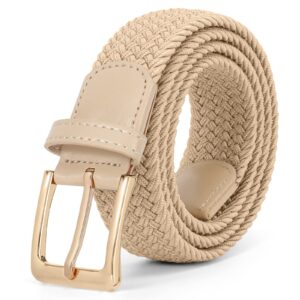 jasgood women braided woven elastic stretch belt men web casual belt for pants jeans(beige,gold buckle,fit pant size 26-31inch)