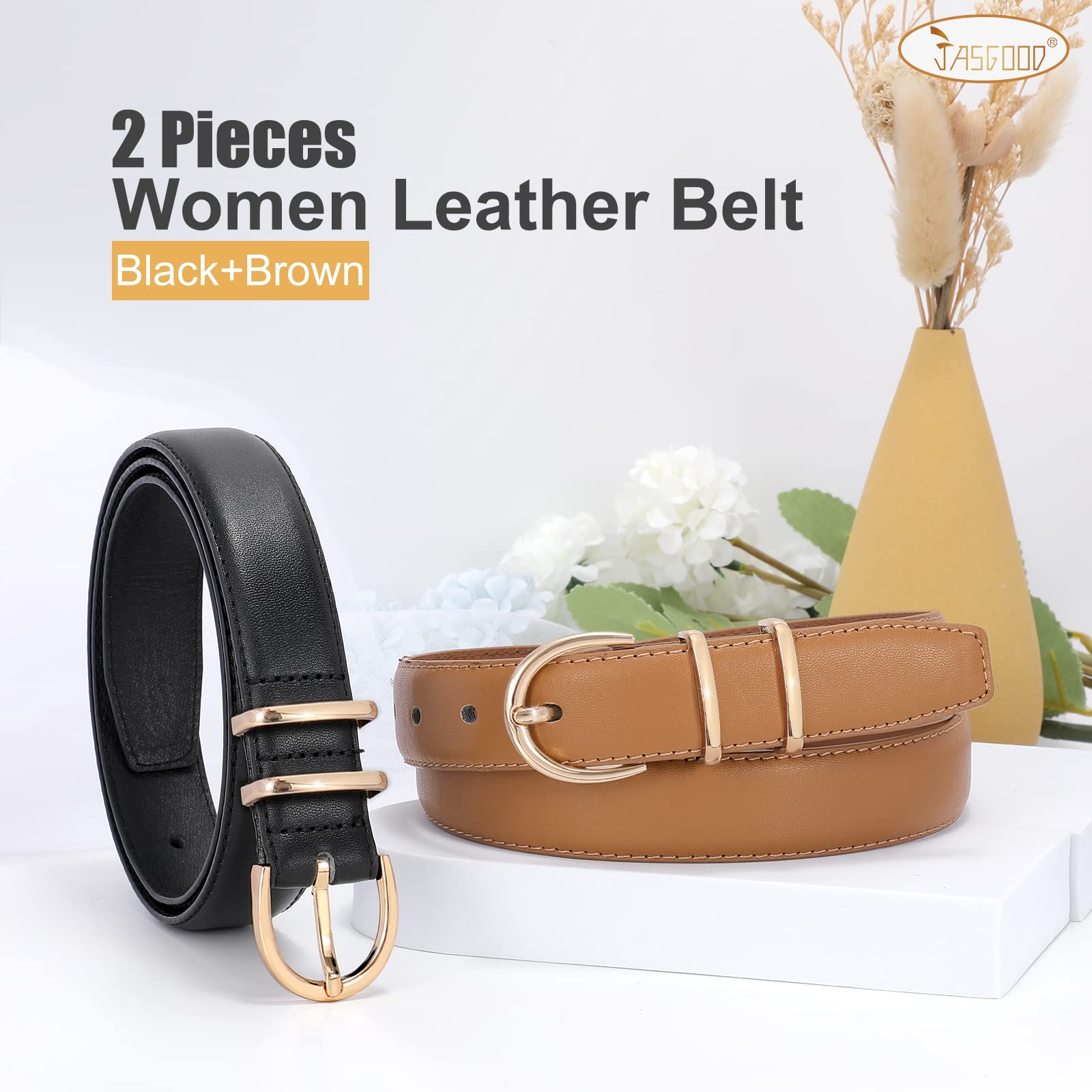 JASGOOD 2 Pack Women Leather Belt for Jeans Fashion Ladies Belts for Pants Dresses With Gold Buckle