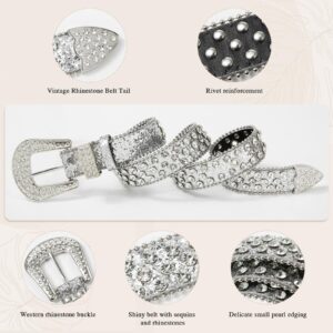 AWAYTR Rhinestone Belt for Women Men - Western Cowgirl Sequin Diamond Bling Studded Belts for Jeans Pants (100cm, Silver)