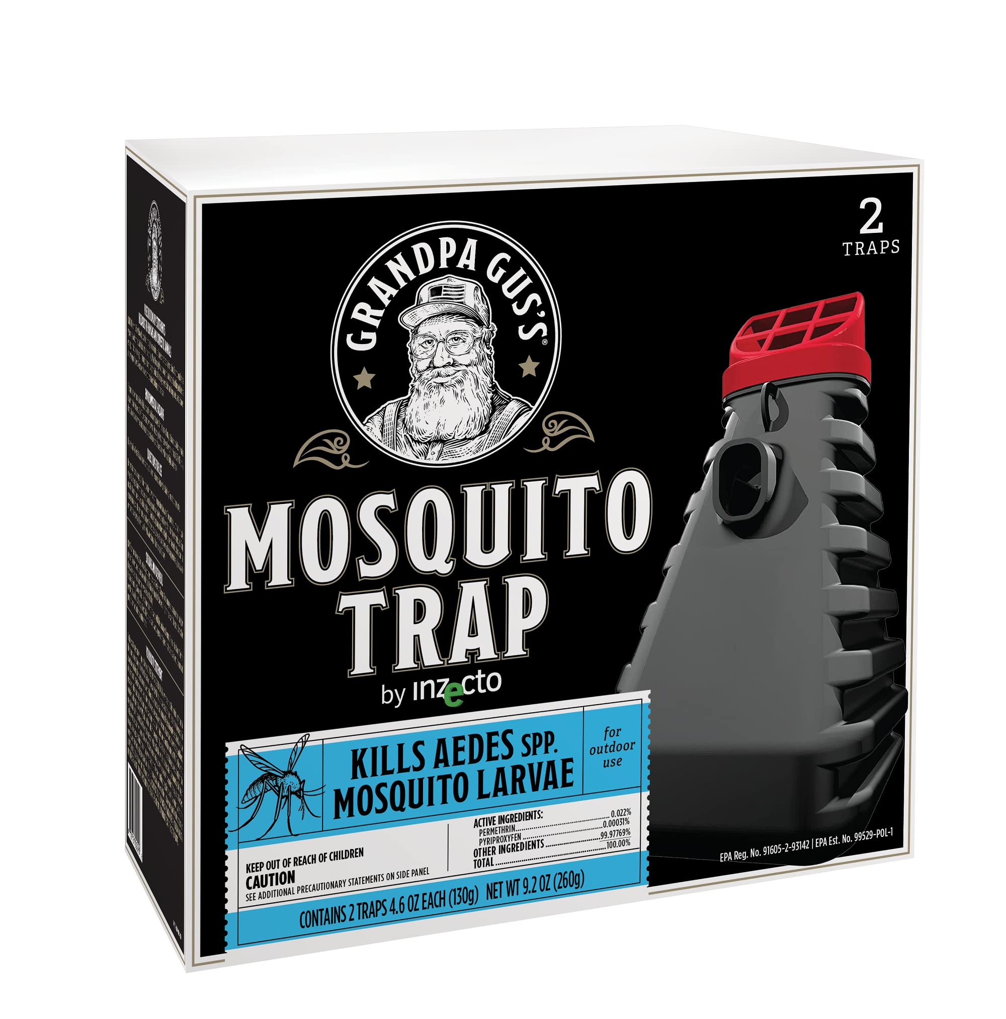 Grandpa Gus's Outdoor Mosquito Trap, Water-Activated Insecticide-Texturized Mosquito Larvae Killer, Protects up to 1500 sq ft (Pack of 2)