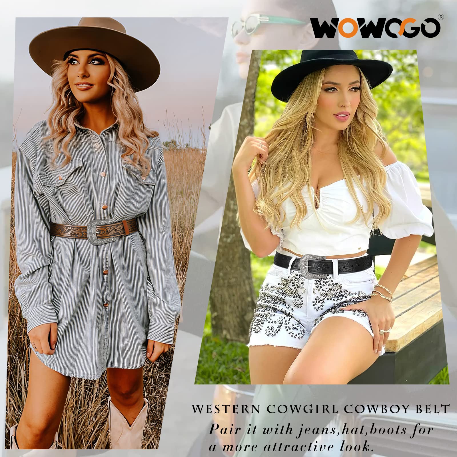 WOWOGO Western Belts for Women Men Cowboy Cowgirl Floral Engraved Leather Belt Strap Vintage Embossed Buckle