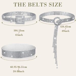 Jeyiour 3 Pcs Rhinestone Belt Silver Elastic Waist Belt Glitter Belt Shiny Crystal Chain Bling Waistband Square Ring Wide Waist Band for Women Ladies Girls Jeans Dress