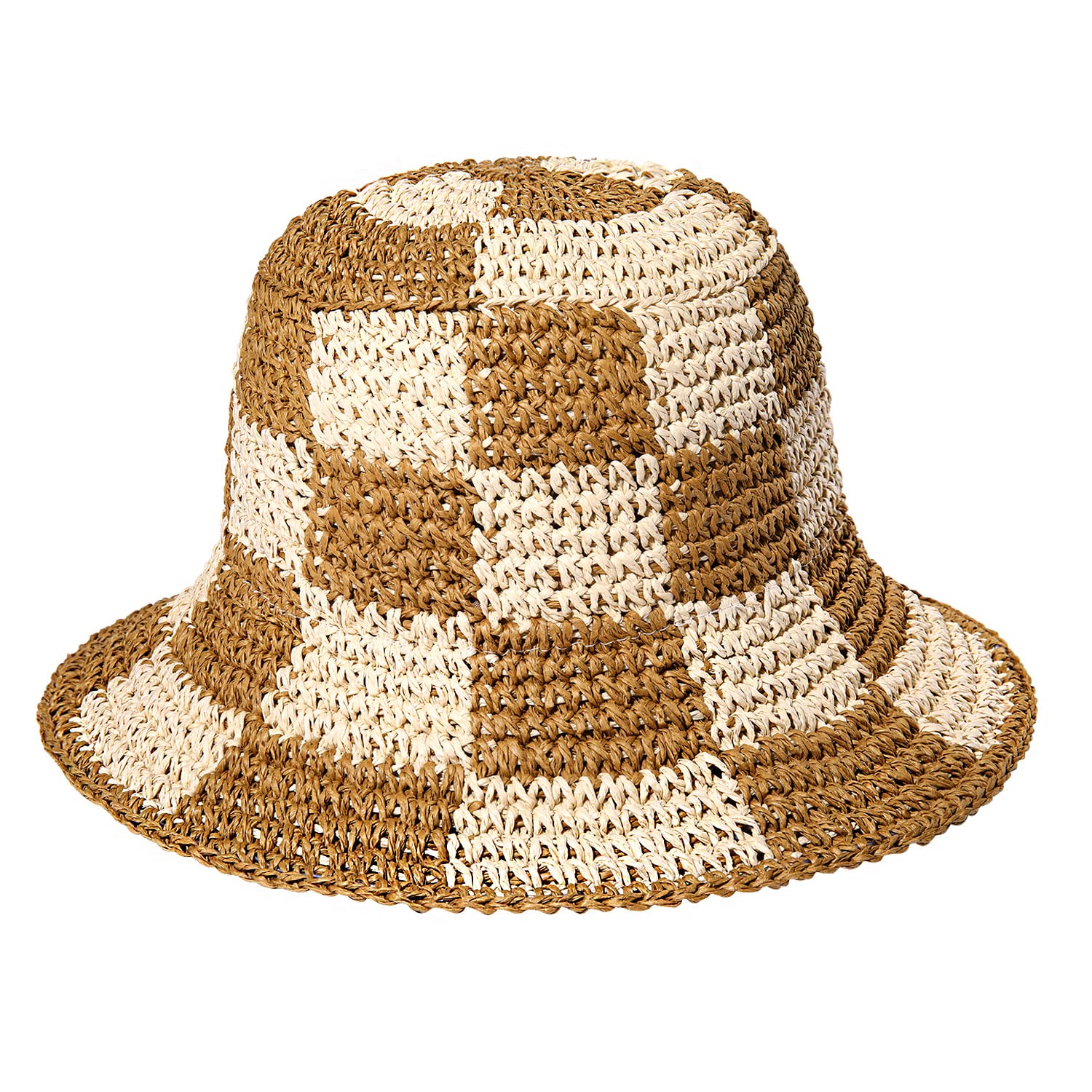 Sun Hats Checkerboard Straw Bucket Hat for Women Packable Crochet Wide Brim Floppy Beach Hats Traveling Summer Accessories (Beige)