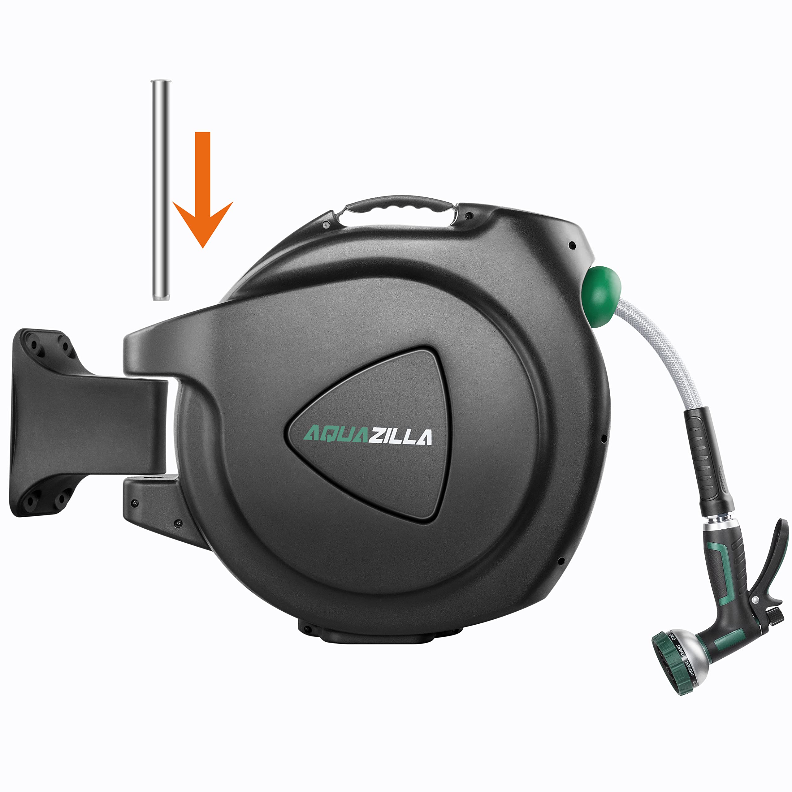 AQUAZILLA Retractable Garden Hose Reel 100FT +6FT 5/8", Durable Wall Mounted Water Hose Reel- Smooth Automatic Rewind, Lock Hose in Any Lenght, 180°Swival Bracket, 9 Pattern Sprayer