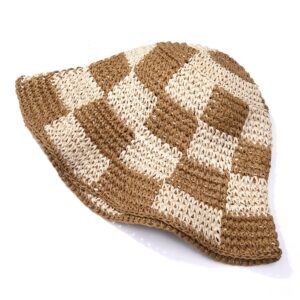 Sun Hats Checkerboard Straw Bucket Hat for Women Packable Crochet Wide Brim Floppy Beach Hats Traveling Summer Accessories (Beige)