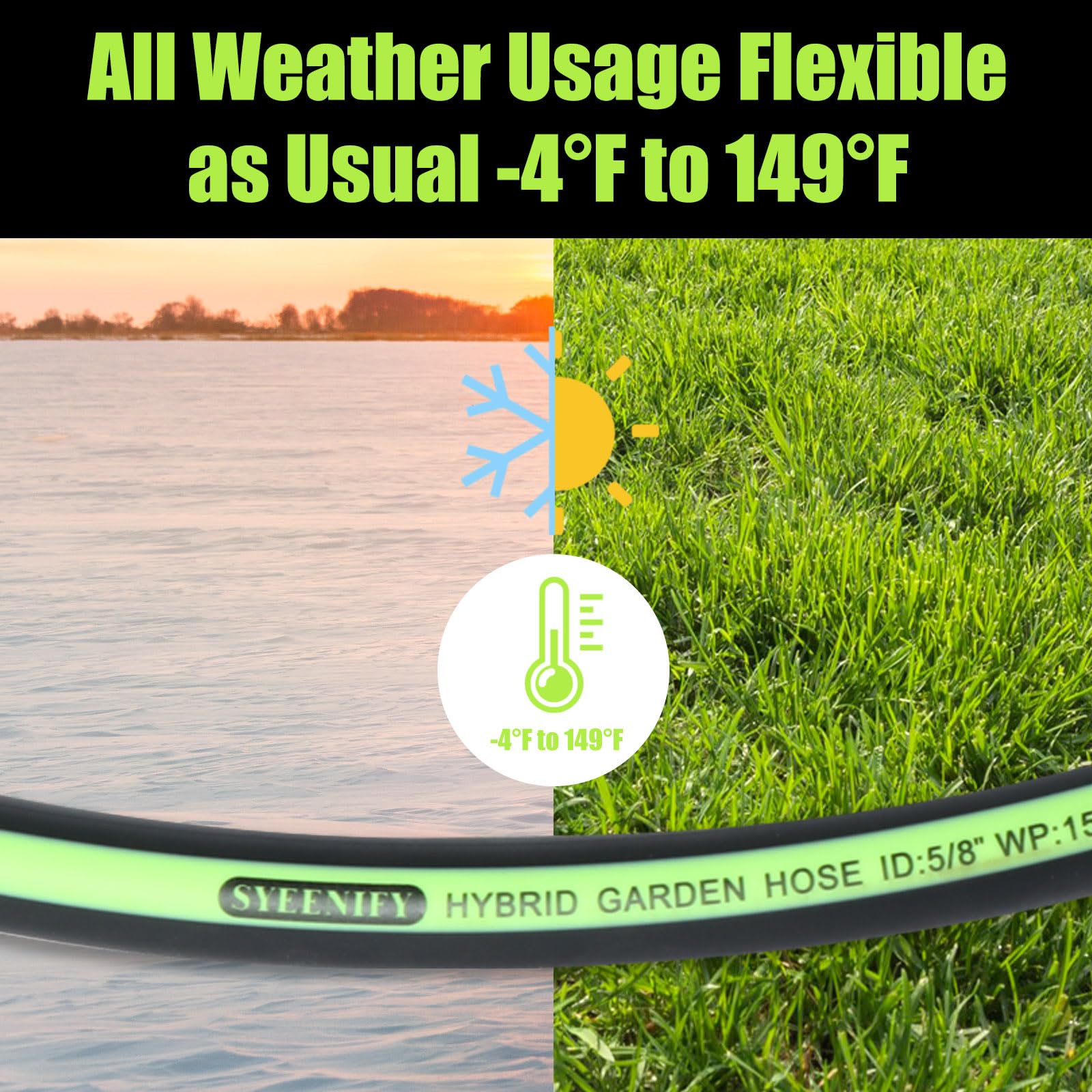 SYEENIFY Kink Free Garden Hose 10ft 5/8", Heavy Duty Hybrid Water Hose, Ultra Durable Flexible Rubber Hose with Sprayer Nozzle,Leakproof Yard Outdoor Hose with Brass Solid Connector