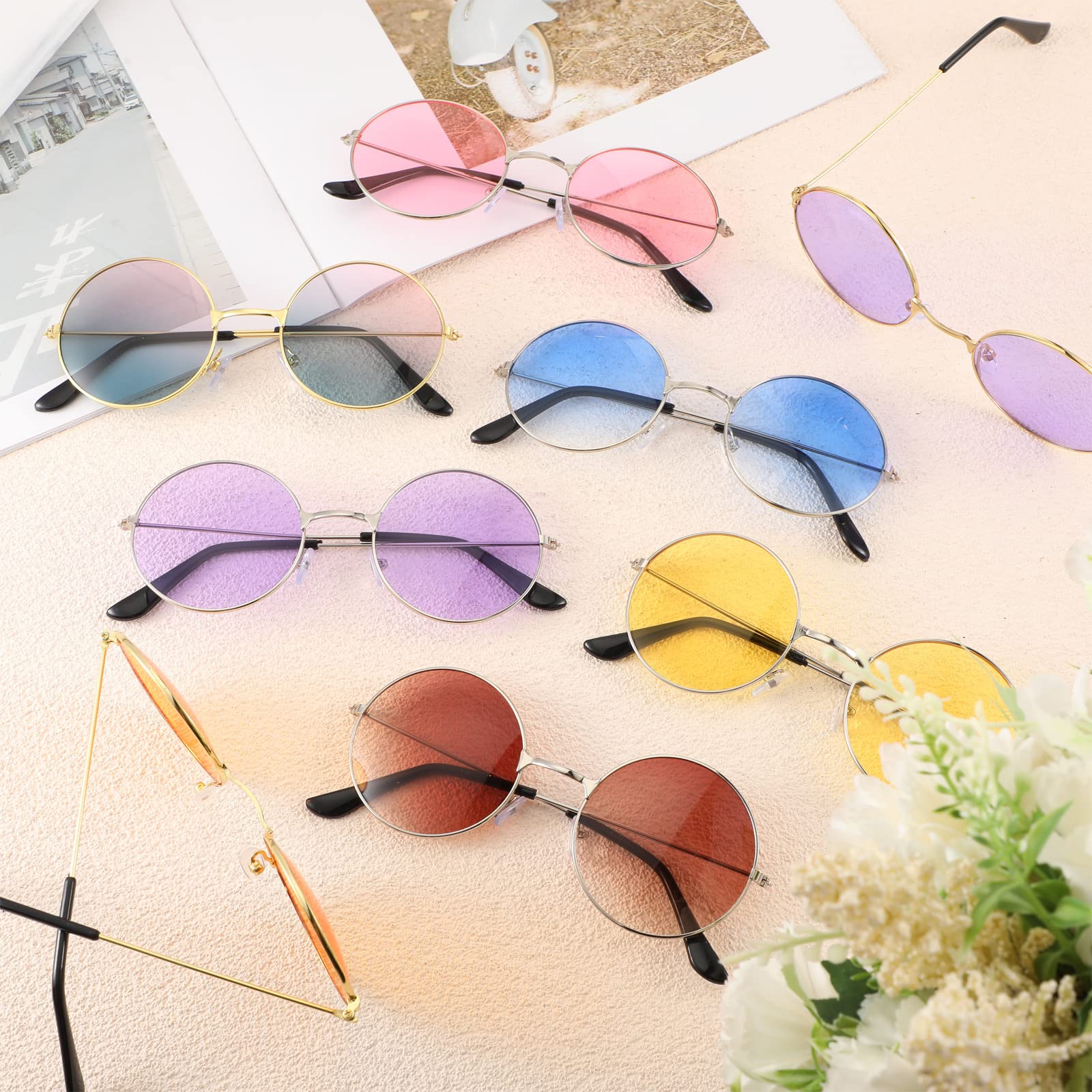 Kanayu 50pairs Round Hippie Sunglasses Packs Circle Colored Lens Sunglasses Retro 60s 70s Style Glasses Eyewear for Women Men (Bright Colors)