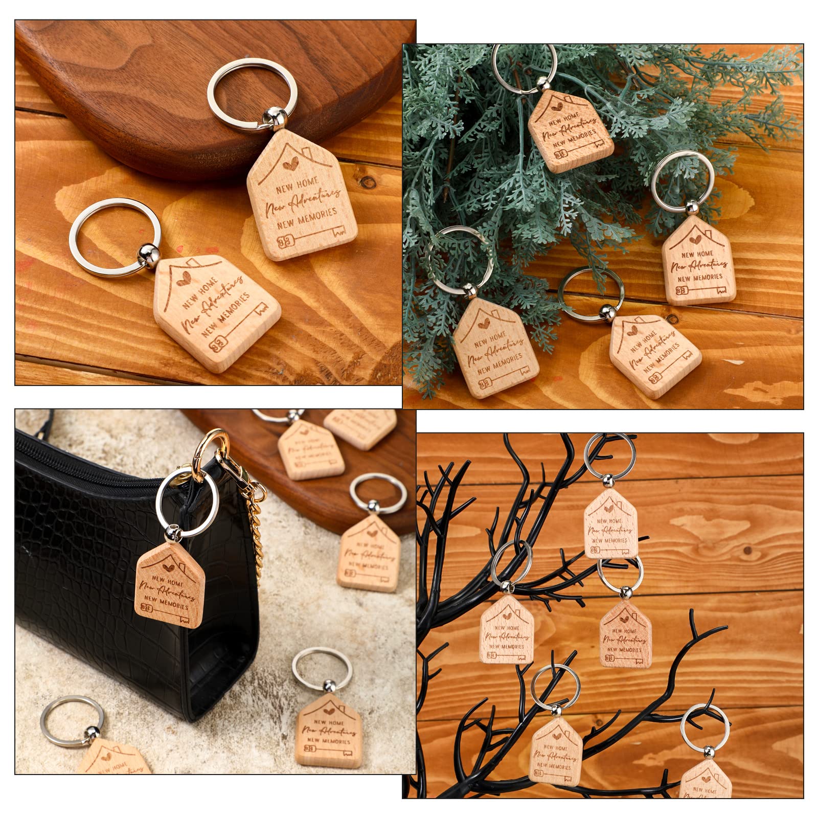 Inbagi 100 Pieces Home Keychain Bulk House Design Keychain Small House Shaped Keychains 2024 Welcome Home Keychain Gifts Homeowner Engraved Wooden Key Tag for Family Client Home Buyer Customer