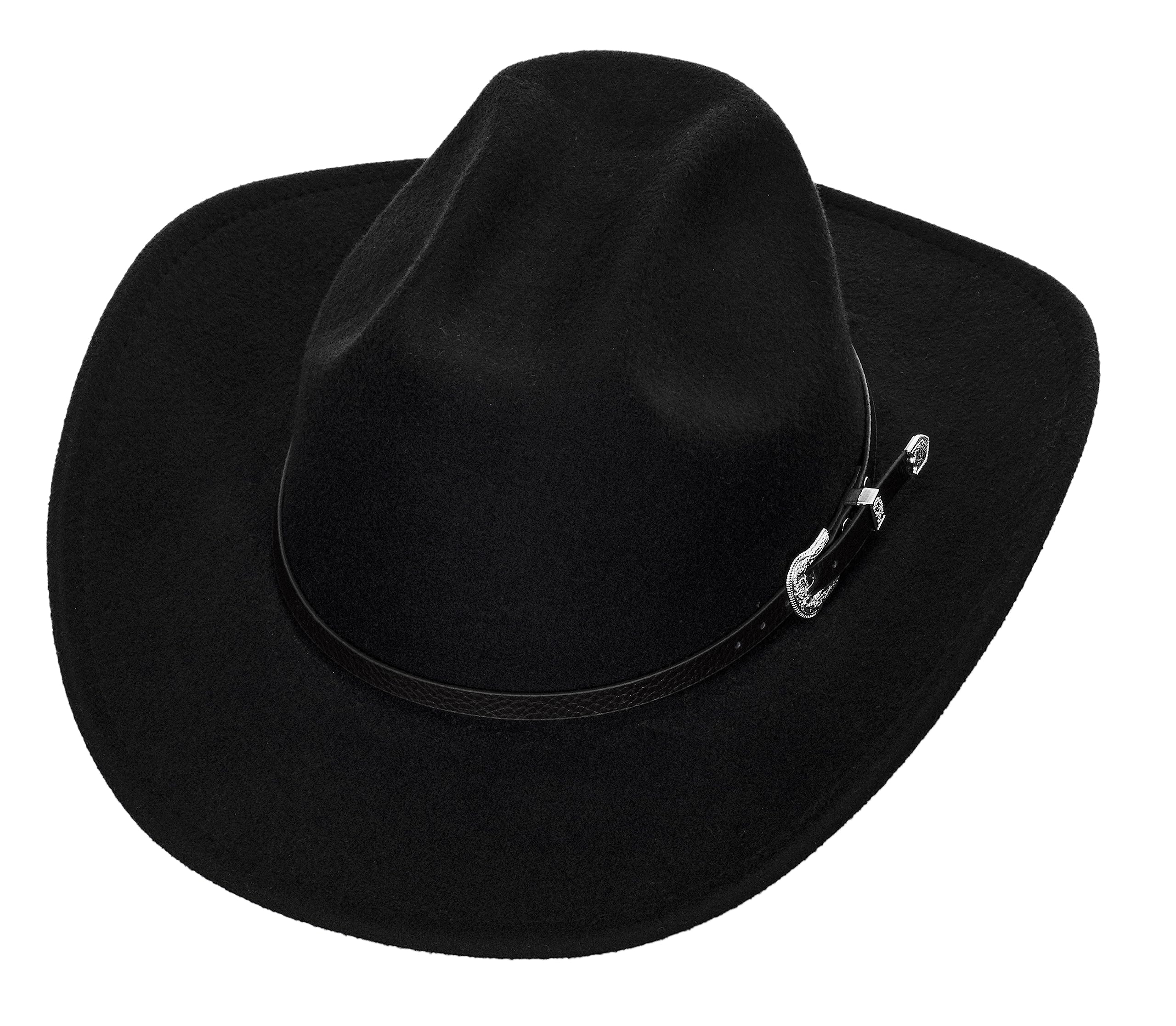 Western Cowboy Hat for Men Women - Classic Felt Wide Brim Fedora Hat with Belt Buckle Black