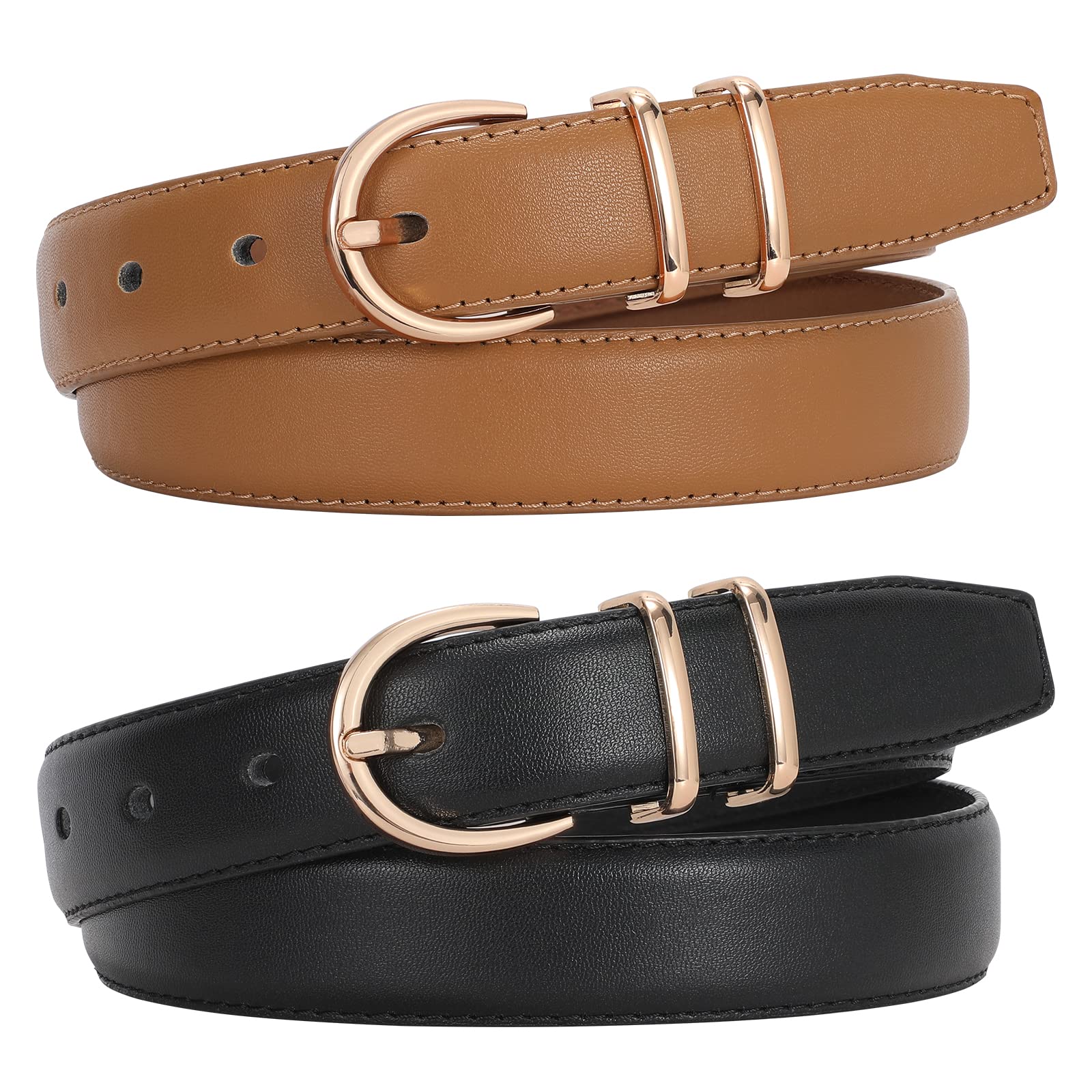 JASGOOD 2 Pack Women Leather Belt for Jeans Fashion Ladies Belts for Pants Dresses With Gold Buckle