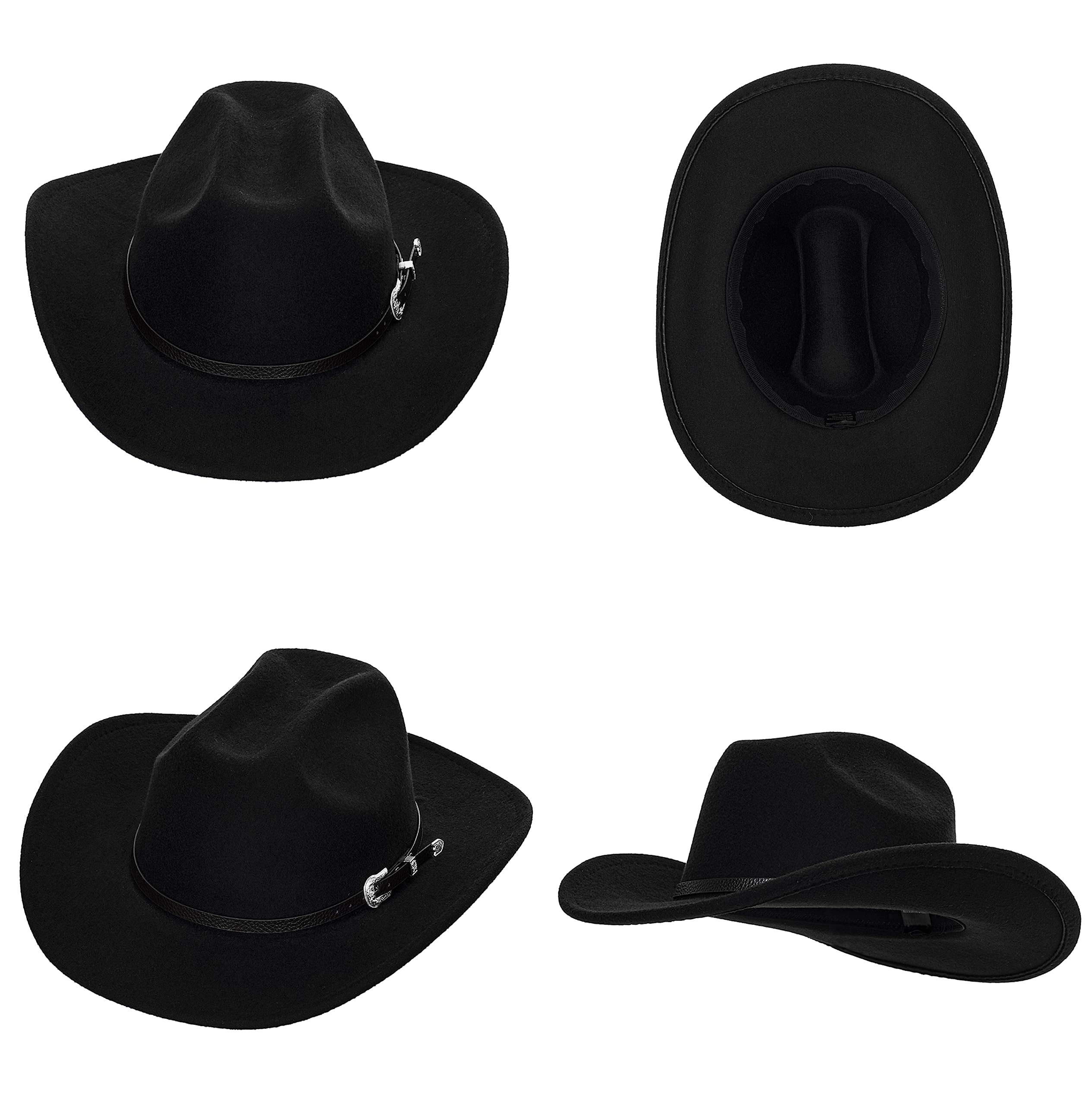 Western Cowboy Hat for Men Women - Classic Felt Wide Brim Fedora Hat with Belt Buckle Black