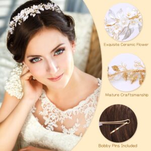 Oriamour Gold Bridal Headbands Wedding Headpieces With Ceramic Flowers Wide Pearl Wedding Hair Accessories For Women And Girls